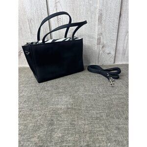 Small Black Handbag Crossbody With Zebra Stripe Interior & Removable Strap